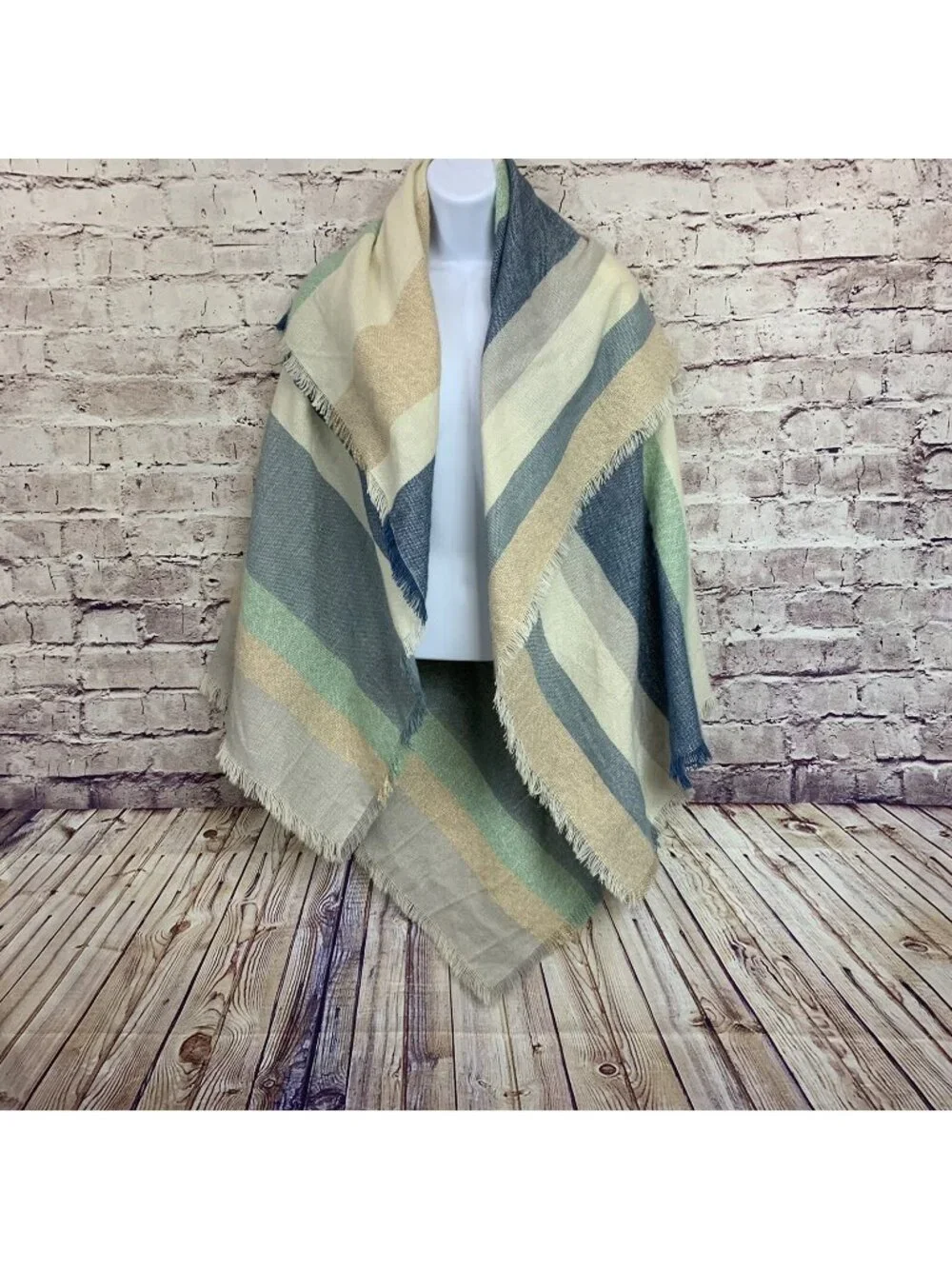 LC Lauren Conrad Beige Blue Striped Fringe One Size Scarf Shawl